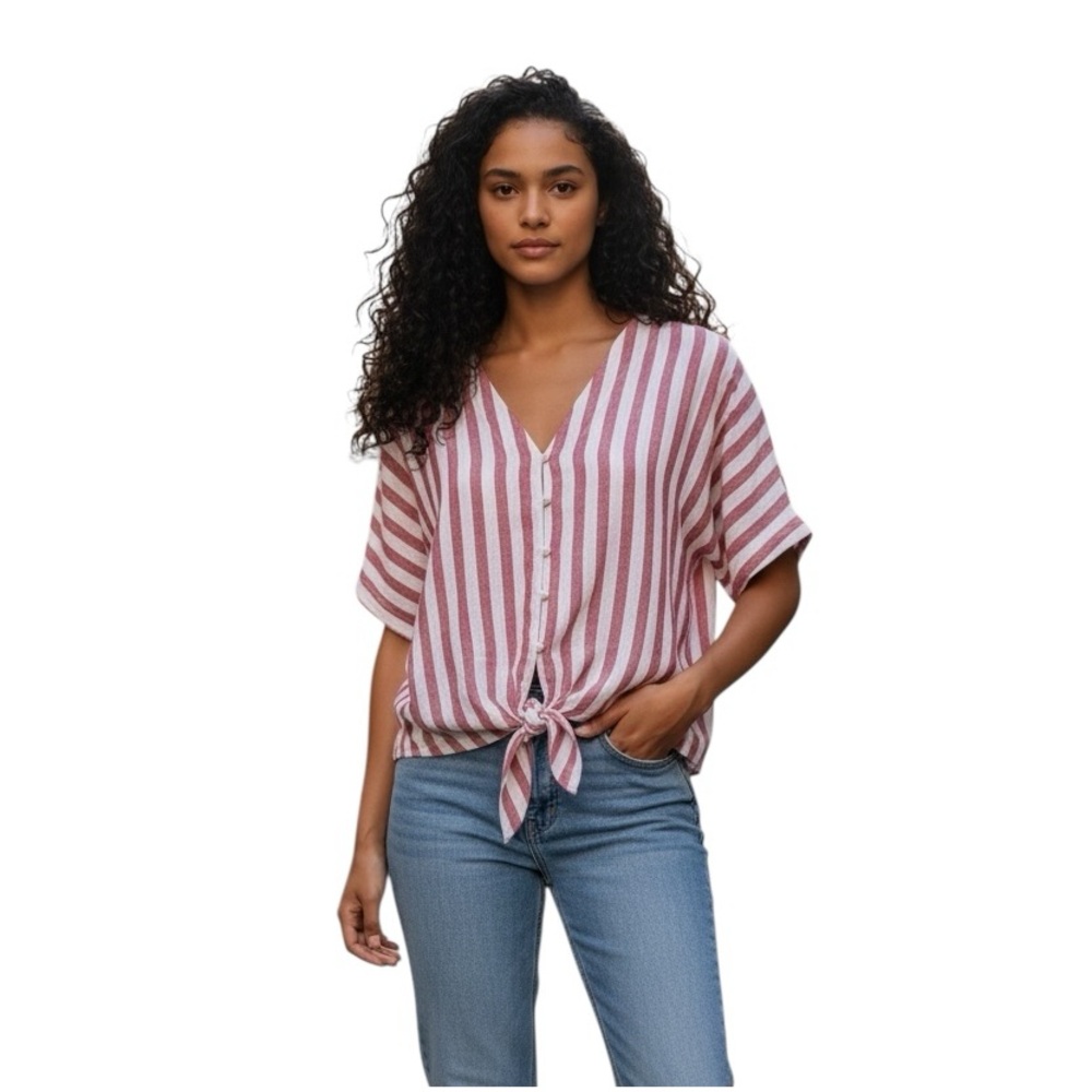 Rails Thea Carmine linen blend stripe crop top shirt